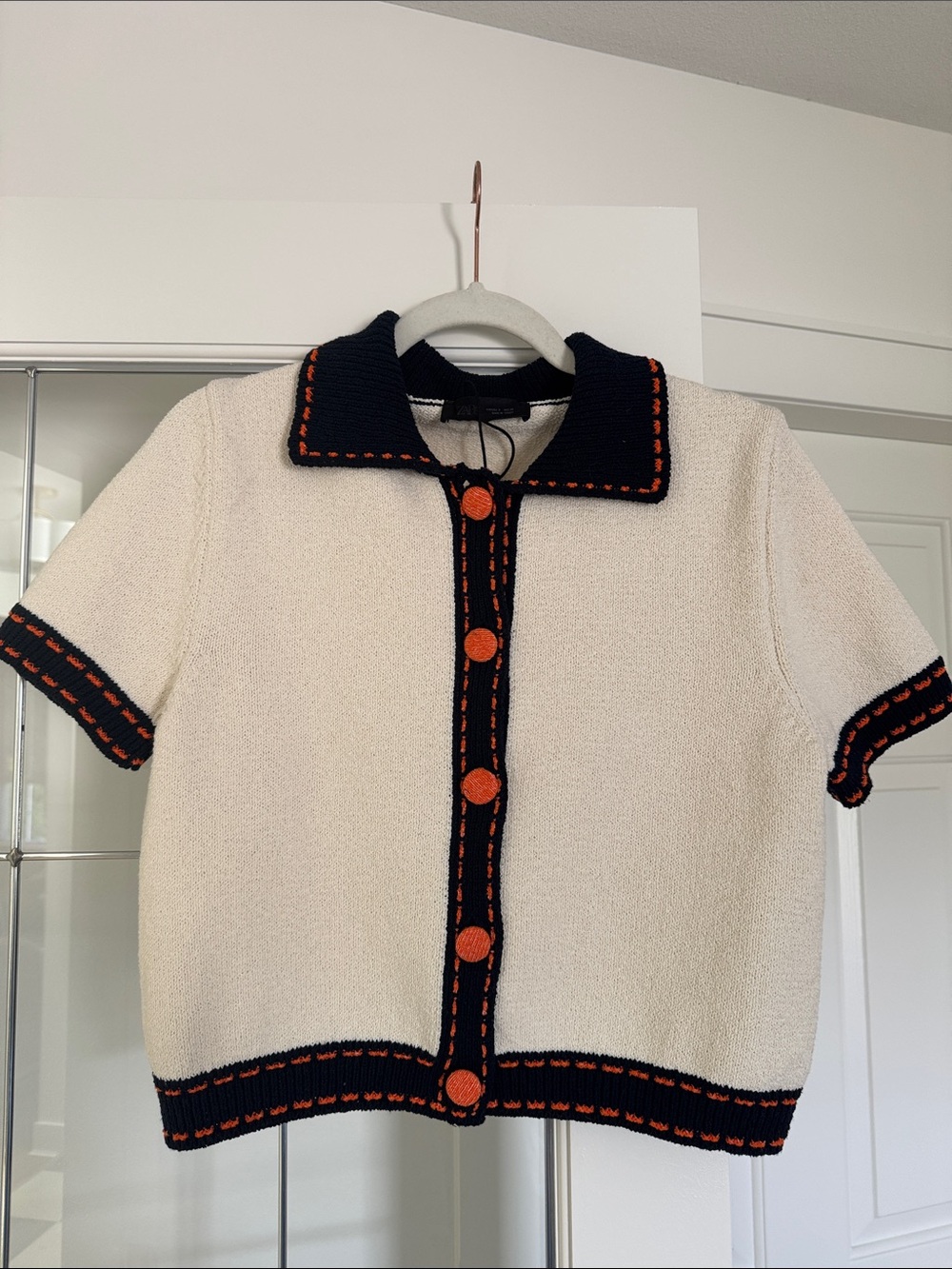 Zara Cream Short-Sleeve Knit Cardigan with Navy & Orange Trim